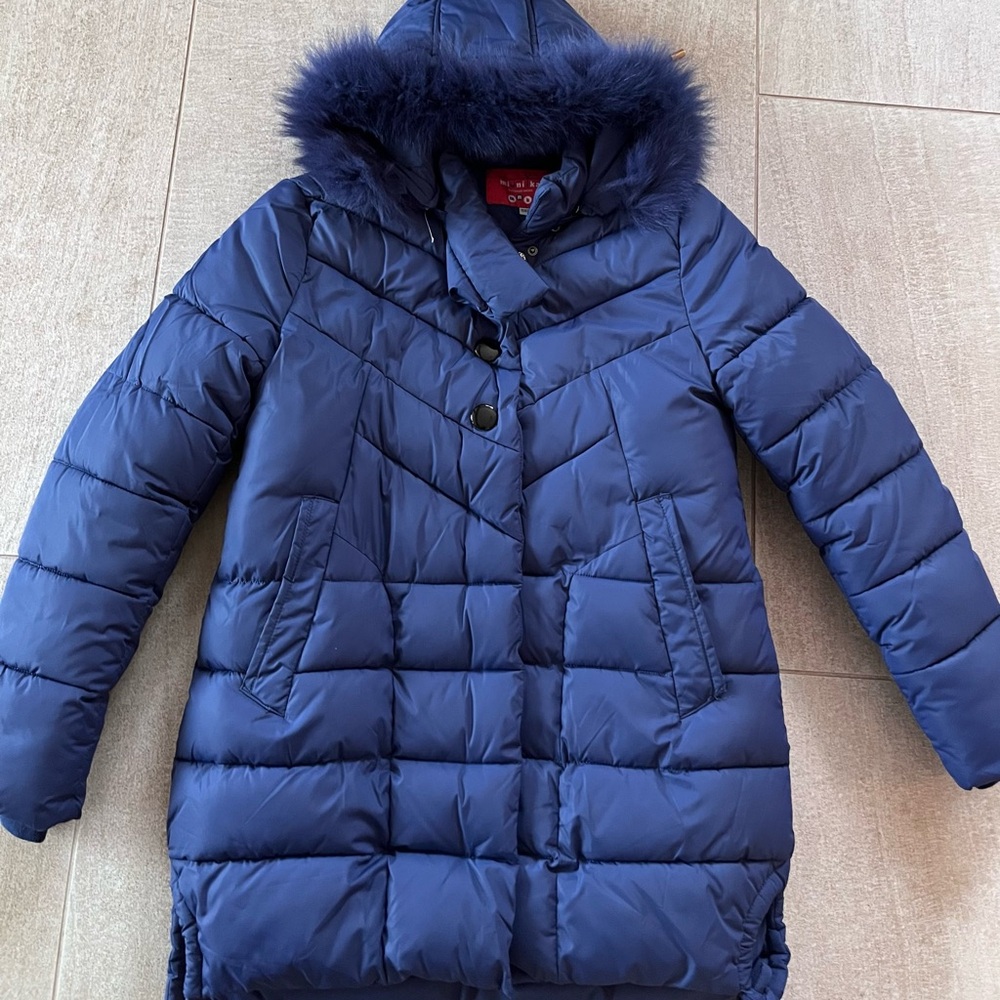 Stylish Blue Puffer Coat with Fur Hood girls 158 cm